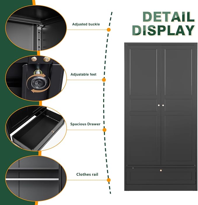 Letaya Metal Wardrobe Cabinets,18" Deep Clothing Storage Cabinet with Doors and Shelves,for Home Room,Fire Department, School, Employee,Gym,Government (Black)