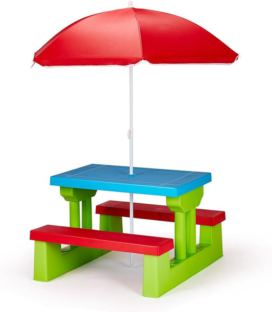 Picnic Table, Plastic Outdoor Table & Bench Set with Umbrella, Patio Furniture Set for Backyard Garden, Picnic Tables for Outdoors (Red & Blue & Green)