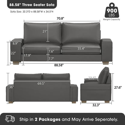 Valthie Faux Leather Couch, Mid Century Modern Comfy Loveseat Sofa with Wide Arm, Side Pockets, Solid Wooden Frame for Office, Living Room and Bedroom, 3 Seater (Gery, 88.58 inches)