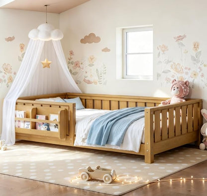Bellemave Twin Size Floor Bed with high Rails and with Built-in Bookshelf for Kids, Girls, Boys, Wood Montessori Floor Bed Without Door, Light Natural