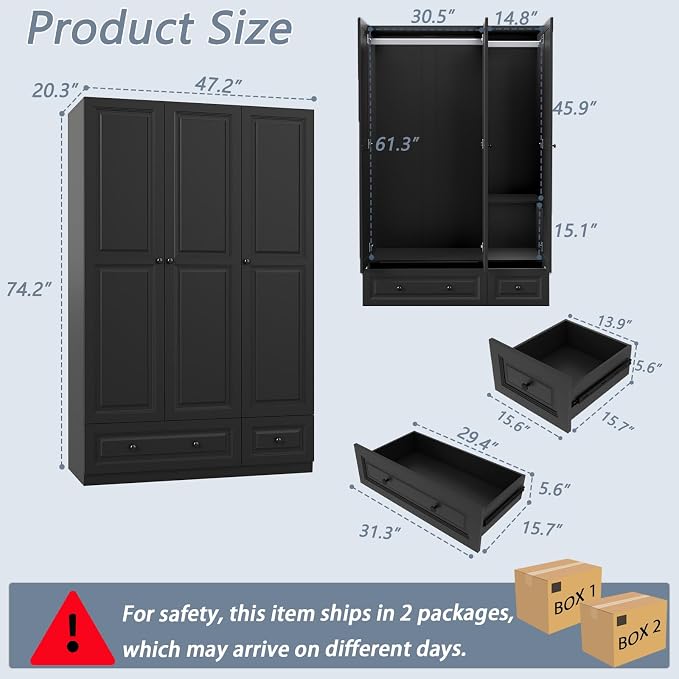 Armoire Wardrobe Closet with Drawers: 74" Black Tall Wardrobe Cabinet with Hanging Rod, Wooden Closet with 3 Doors and 2 Drawers, Modern Bedroom Armoires