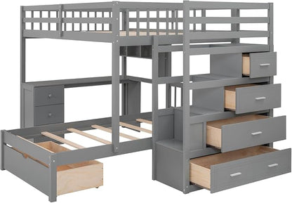MERITLINE Full Over Twin L Shaped Bunk Bed with Stairs and Desk,Solid Wood L-Shaped Bunk Bed with Storage Drawers,Shelves,Ladder,Headboard and Guardrail,No Box Spring Needed (Grey)