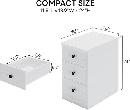 LIKIMIO Nightstand with Charging Station, Narrow Bedside Table with 3 Drawers, End Table with USB Ports and Outlets, Side Table for Living Room/Bedroom Modern
