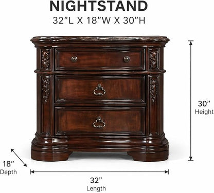 First of a Kind Barney’s Traditional Walnut Nightstand with Marble Top 3 Drawer Wood Bedside Table 32 Inch Curved Frame Circle Knobs Ornate Handles Classic Bedroom Furniture