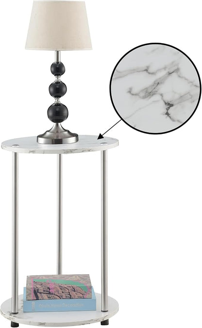 Convenience Concepts Designs2Go No Tools 2-Tier Round End Table, Faux White Marble/Chrome