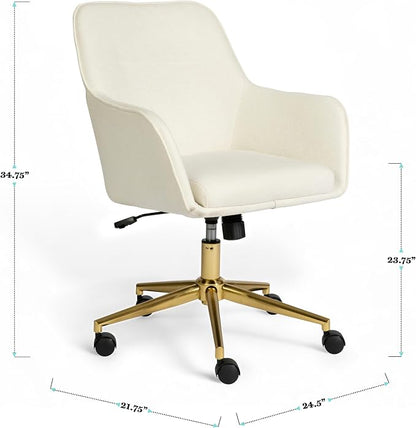 Martha Stewart Rayna Swivel Task Chair with Flared Arms for Home Office in Off White Fabric with Polished Brass Frame