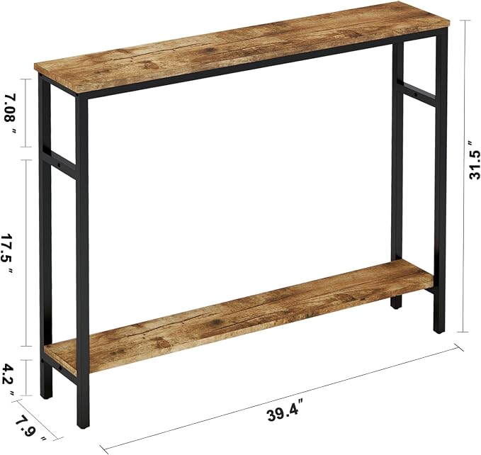 Timberer Narrow Console Table, 39.4” Sofa Table with Adjustable Shelf, 2-Tier Long Skinny Table for Hallway, Entryway, Living Room, Foyer, Rustic Brown