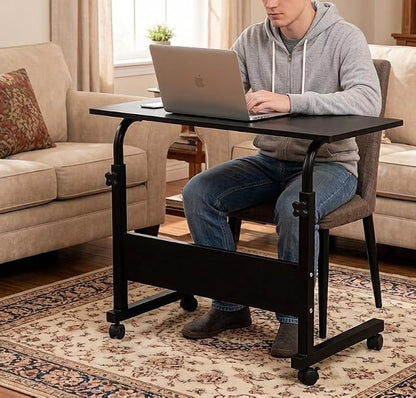 Standing Desk - Adjustable Height Side Table, Portable Laptop Cart, C-Shaped Bed Couch End Table with Edge Stopper and Wheels for Living Room Bedroom Walking Pad Treadmill, 31.5 Inch, Black