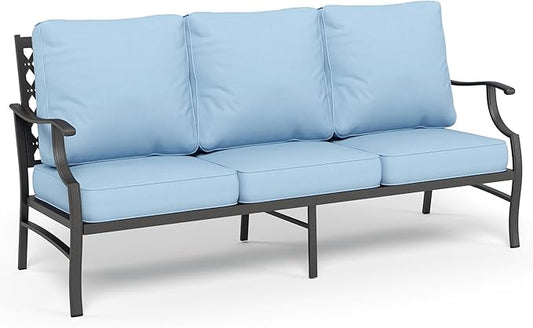 SUNSHINE VALLEY Metal Patio Furniture Sofa with 5.75" Extra Thick Waterproof Cushion, 3-Seater Deep Seating & High-Back Outdoor Couch All Weather Outdoor Seating for Backyard Deck Front Porch, Blue