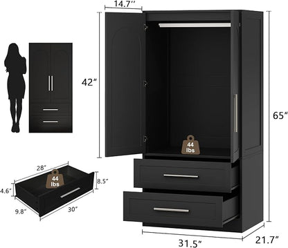 Einhomn Wooden Armoire Wardrobe Closet with 2 Doors and 2 Drawers,Freestanding Armoire Storage Cabinet with Shelves,Tall Clothing Storage Cabinet Suitable for Bedroom,Black