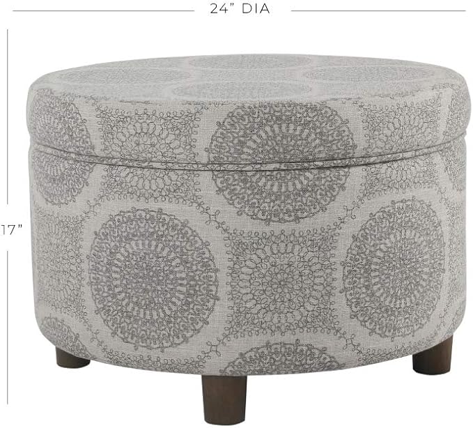 Homepop Home Decor | Upholstered Round Storage Ottoman | Ottoman with Storage for Living Room & Bedroom (Grey Medallion) 24.0 In. X 24.0 In. X 17.0 In.
