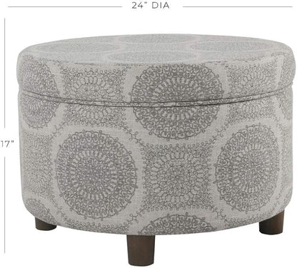 Homepop Home Decor | Upholstered Round Storage Ottoman | Ottoman with Storage for Living Room & Bedroom (Grey Medallion) 24.0 In. X 24.0 In. X 17.0 In.
