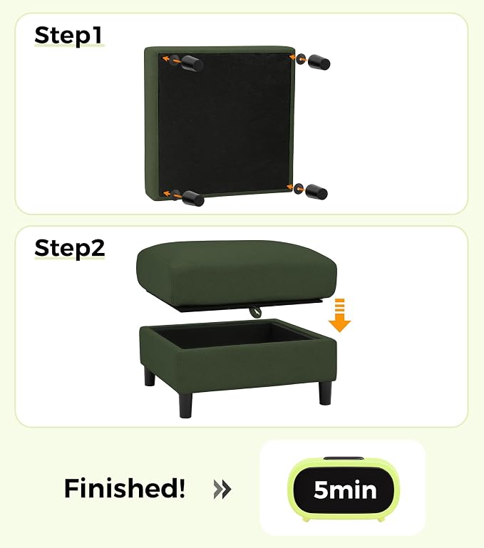 Welzona Teddy Storage Ottoman, 26.7" Large Living Room Ottoman, All-Wood Coffee Table Ottomans with Storage, Tool-Free Setup Ottomans for Living Room, Bench for Bedroom, Green