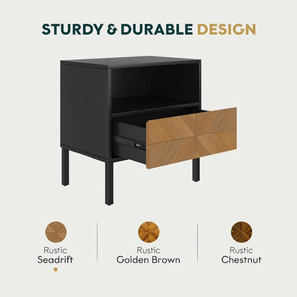 Bme Vivian Solid Wood Nightstand, End Table, Bedside Table with Herringbone Pattern for Rustic Bedroom, Easy Assembly, Rustic Seadrift and Black