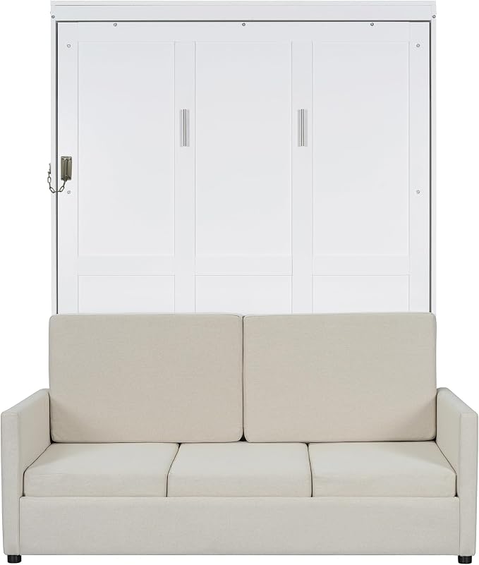 Ball & Cast Murphy Bed Full Size Wall Bed with Sofa,can be Folded,Multifunctional Wood Hideaway Cabinet Bed Frame,Slat Support,Save Space,for Apartment,Guest Room,White