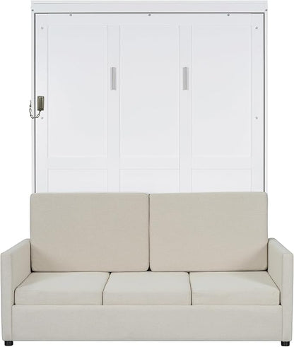 Ball & Cast Murphy Bed Full Size Wall Bed with Sofa,can be Folded,Multifunctional Wood Hideaway Cabinet Bed Frame,Slat Support,Save Space,for Apartment,Guest Room,White