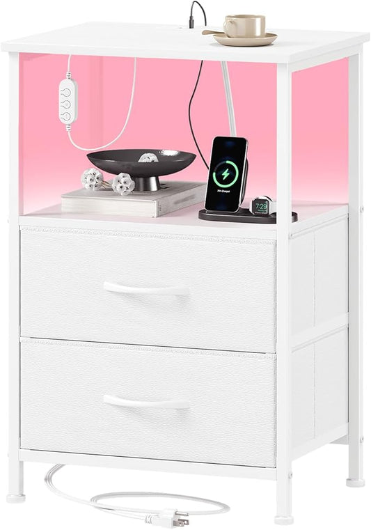 Somdot White Nightstand with Charging Station and LED Light for Bedroom, 2 Drawers Dresser with Fabric Bins for Bedside Kids Dorm Room Closet Laundry Entryway, White Leather