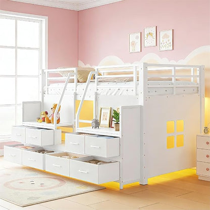 Bellemave Low Loft Bed Twin Size with Storage Shelves & Fabric Drawers, Metal Twin Loft Bed for Kids with LED Lights & Under-Bed Play Area, Low Loft Bed Frame for Bedroom, No Box Spring Needed, White