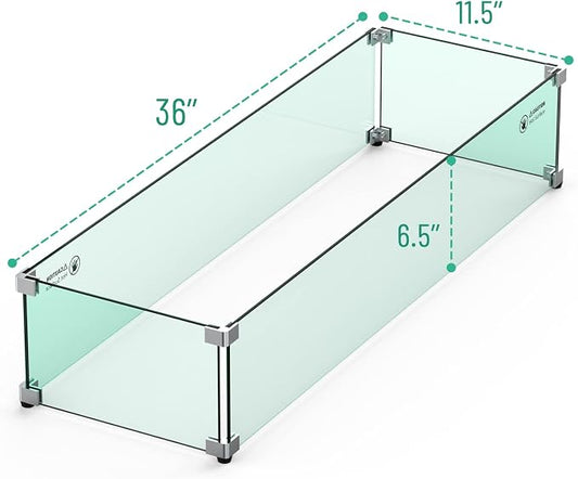 Skyflame Fire Pit Glass Wind Guard, 36" x 11.5" Tempered Glass Windscreen Fits for Linear Firepit Burner Pans, Clear/Thick Fire Table Glass Shields for Outdoor Propane and Gas Pits