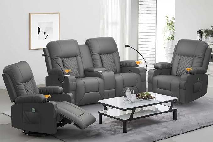 YONISEE Living Room Furniture Set, Loveseat Recliner and 2PC Massage Recliner Chair, Luxury Reclining Sofa 3PC Set for Living Room (2+1+1, Dark Gray)