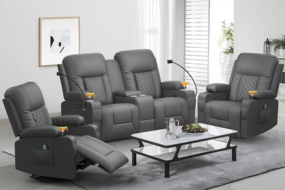 YONISEE Living Room Furniture Set, Loveseat Recliner and 2PC Massage Recliner Chair, Luxury Reclining Sofa 3PC Set for Living Room (2+1+1, Dark Gray)