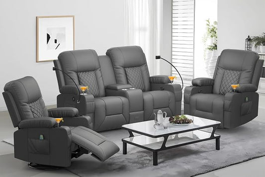 YONISEE Living Room Furniture Set, Loveseat Recliner and 2PC Massage Recliner Chair, Luxury Reclining Sofa 3PC Set for Living Room (2+1+1, Dark Gray)
