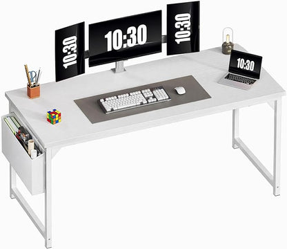 OLIXIS Computer Desk, 63 Inch Home Office Desks for Small Spaces, Writing Craft Study Gaming Table for Bedroom, Modern Computer Workstation with Storage Bag, All White