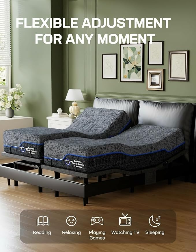 Marsail NS0 Twin XL Adjustable Base with Mattress Set,Dual Motor Frame + 14" Cooling Gel Memory Foam Mattress, Wireless Remote, CertiPUR-US Certified