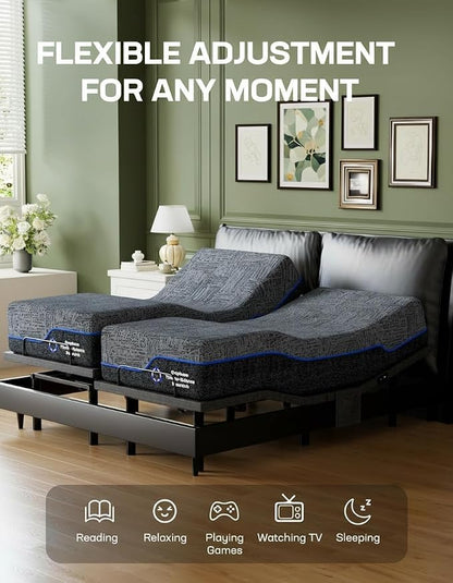 Marsail NS0 Twin XL Adjustable Base with Mattress Set,Dual Motor Frame + 14" Cooling Gel Memory Foam Mattress, Wireless Remote, CertiPUR-US Certified