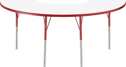 FDP Dry-Erase Half Moon Activity School and Office Table (36 x 72 inch), Standard Legs with Swivel Glides for Collaborative Spaces, Adjustable Height 19-30 inches - Whiteboard Top, Red Edge and Legs