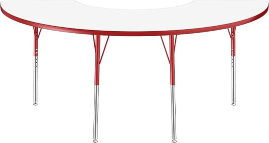 FDP Dry-Erase Half Moon Activity School and Office Table (36 x 72 inch), Standard Legs with Swivel Glides for Collaborative Spaces, Adjustable Height 19-30 inches - Whiteboard Top, Red Edge and Legs