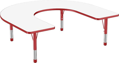 FDP Dry-Erase Horseshoe Activity School and Classroom Kids Table (60 x 66 inch), Chunky Toddler Legs for Collaborative Spaces, Adjustable Height 15-24 inches - Whiteboard Top, Red Edge and Legs