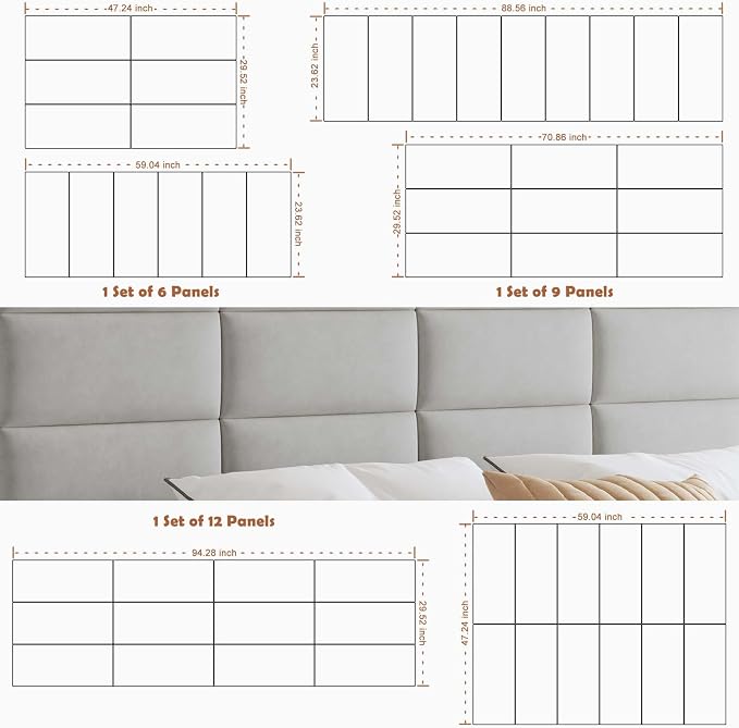 IFNOW Wall Mounted Upholstered Headboard Queen, 3D Peel and Stick Soundproof Panels, Reusable and Removable Padded Leather Bed Headboard, 9 Panels 9.84" x 23.62", Light Grey