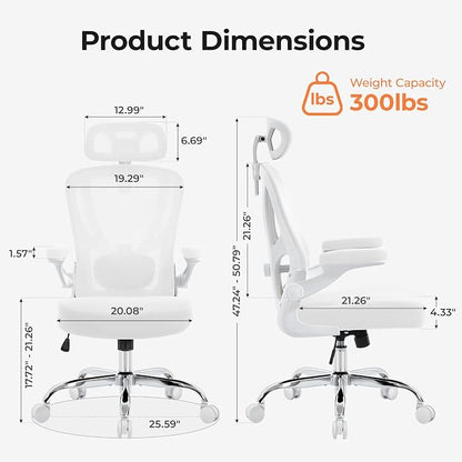 Office Chair Ergonomic Office Chair with Lumbar Support, Head Support, Rocking Function, Flip-up Armrests, Home Office Desk Chair, Suitable for Home, Office, White, 1 Pack