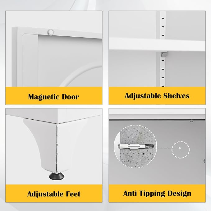 SteeLoong Metal Sideboard Buffet Cabinet with Storage,33 Inch Coffee Bar Cabinet with Adjustable Shelf, White Kitchen Sideboard Cabinets for Dining Room, Living Room