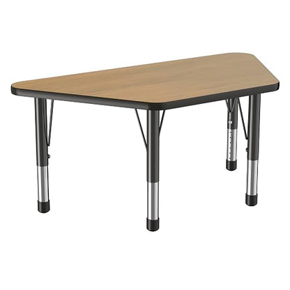 Factory Direct Partners FDP Trapezoid (24 x 48 inch) Classroom Table with Adjustable Chunky Toddler Legs (15-24 in) Preschool, Kinder and Daycare Furniture - Pasadena Oak Top/Black Edge and Legs