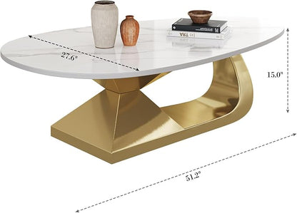 51.2-Inch Modern Oval Marble Coffee Table with Sturdy Gold Stainless Steel Base - Elevate Your Living Room with Style & Luxury, Scratch-Resistant & Easy Assembly.