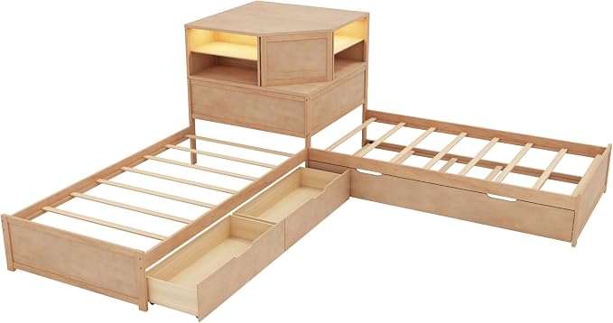 Merax L-Shaped Combination Twin Corner Platform Bed Frame with Trundle,Drawer,Built-in Desk and Led Downlight,3-in-1 Design for Bedroom