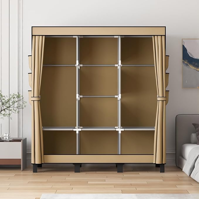 Portable Closet, 51.18" Large Capacity Wardrobe with 3 Hanging Rods, 6 Shelves & 18 Side Pockets, Dustproof Organizer for Bedroom, Dorm & Apartment (Cream Colour, Large)