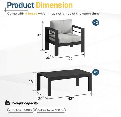 Solaste Aluminum Patio Furniture Set for All Weather, Oversized Metal Outdoor Furniture Set with 27.5" Deep Seating and 3.2" Wide Armrest, Outdoor Patio Conversation Sets with 10" Back Suport Cushion