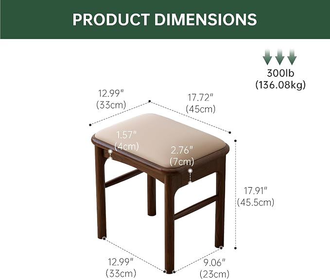 17.7'' Leather Upholstered Dining Ottoman with 100% Solid Oak Wood Ottoman Frame, Small Padded Foot Rest Stool Bench for Dining Kitchen Entryway, Champagne