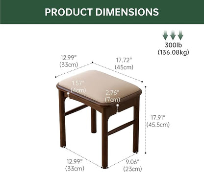 17.7'' Leather Upholstered Dining Ottoman with 100% Solid Oak Wood Ottoman Frame, Small Padded Foot Rest Stool Bench for Dining Kitchen Entryway, Champagne