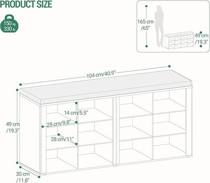 Hzuaneri Shoe Bench with Cushion, Entryway Storage Bench with 12 Cubbies, Cubby Shoe Rack with Adjustable Shelves, Shoe Organizer Cabinet for Living Room, Bedroom, Entryway, White SB19003GY