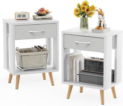 GYIIYUO 24" H Nightstands Set of 2 with Fabric Drawer, White | Open Wood Shelf, Side Table with Storage for Bedroom, Spacious 15.7"L x 11.8"W x 24"H Top Fits Lamp + Books, Stable Frame