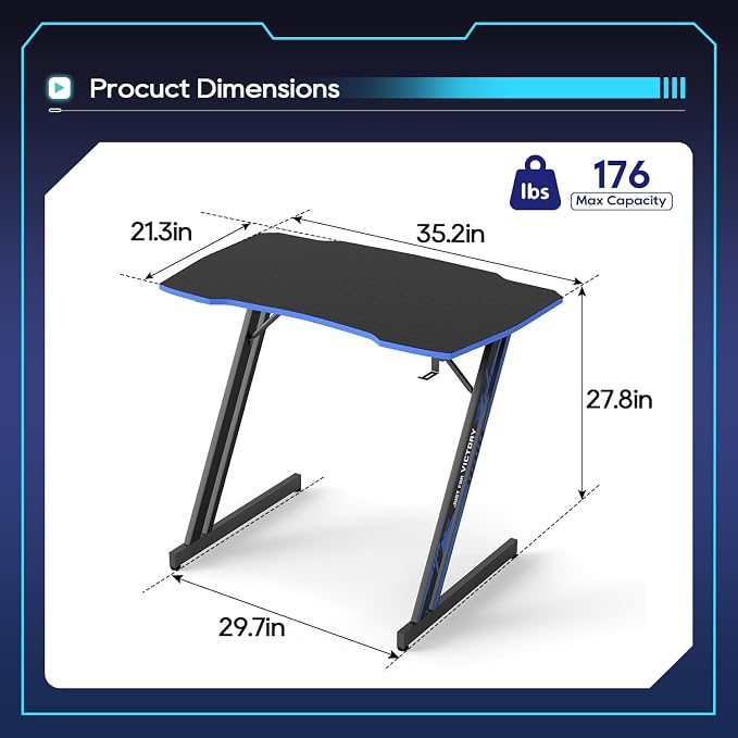 BestOffice Gaming Desk 35 in PC Computer Desk Z Shaped Gaming Workstation Ergonomic Gaming Table with Headphone Hook for Home Office,Black&Blue