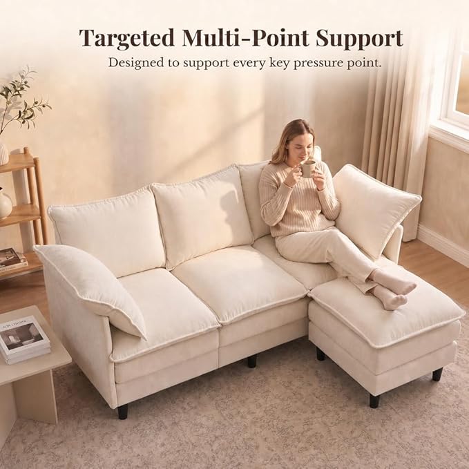 Convertible Sectional Sofa, 69" Small Cloud L-Shaped 3-Seat Couch with Movable Ottoman & Curved Armrest, Modern Chenille Fabric for Living Room, Apartment and Small Space, Beige