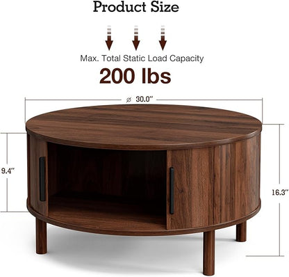 ZttRiee Round Coffee Table with Sliding Doors, Mid-Century, Walnut | Ø30.0"D x 16.3"H, 200 lbs capacity, dual sliding-door storage, ~45 min assembly