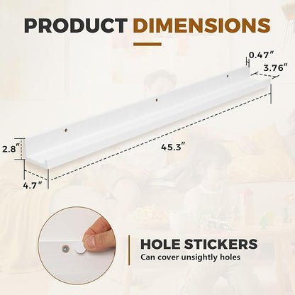 Muzilife 45.3" Large Floating Wall Ledge Shelves with Lip - Set of 2 Wood Floating Shelves - White Wall Mounted Picture Ledge for Office, Bathroom, Bedroom, Living Room, Kitchen
