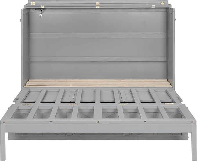 Bellemave Queen Size Murphy Bed, Cabinet Bed with Charging Station and Storage, Farmhouse Murphy Cabinet with Foldable Panel, for Bedroom,Office, Brushed Gray
