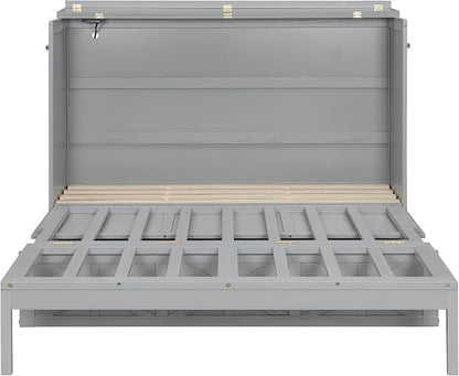 Bellemave Queen Size Murphy Bed, Cabinet Bed with Charging Station and Storage, Farmhouse Murphy Cabinet with Foldable Panel, for Bedroom,Office, Brushed Gray